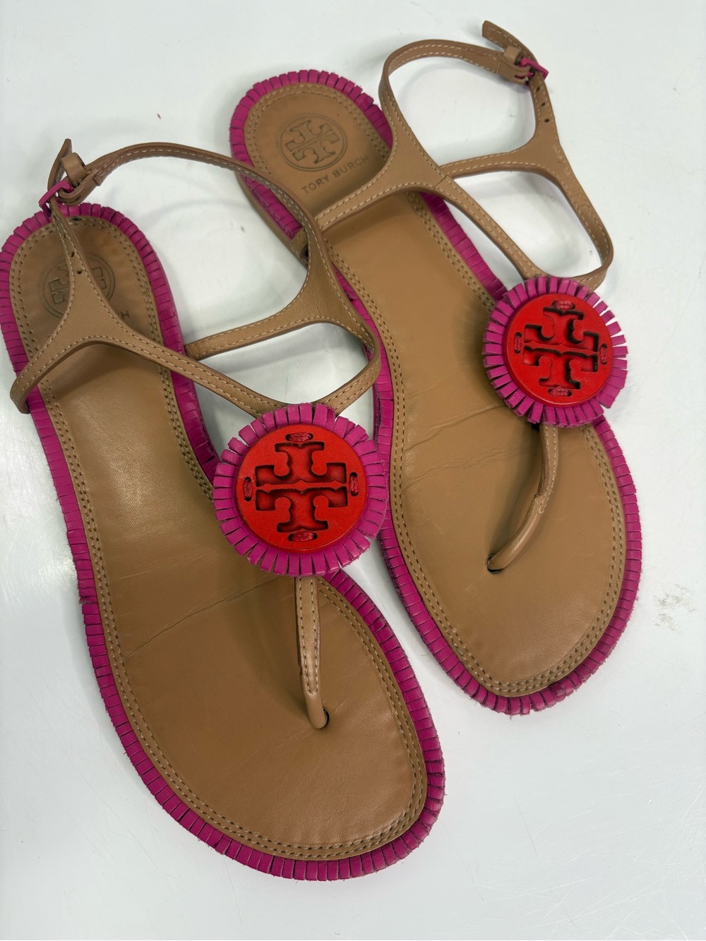 Tory Burch Tan Leather Thong Sandals with Pink Trim & Red Medallions size 7